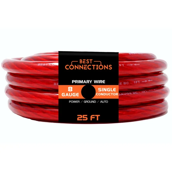 BEST- Best Connections 8 Gauge 25Ft Red Translucent Power/Ground Electrical Auto Wire