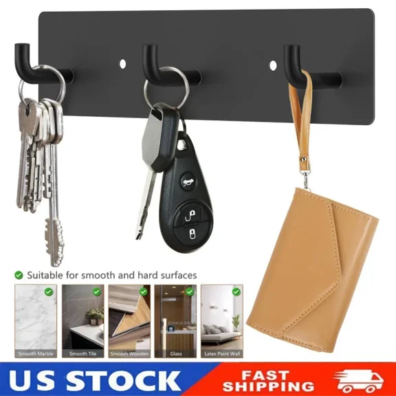BEST- Black Key Holder Wall Mount Self Adhesive Key Rail With 3 Key Hooks Rack Organiz