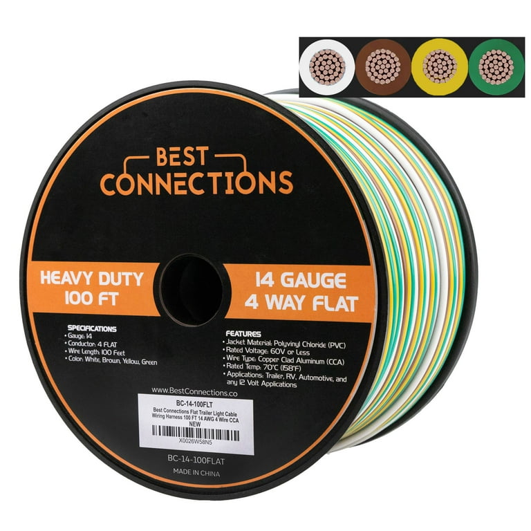 BEST CONNECTIONS 4 Way Bonded Flat Trailer Wire (100 Feet) 14 