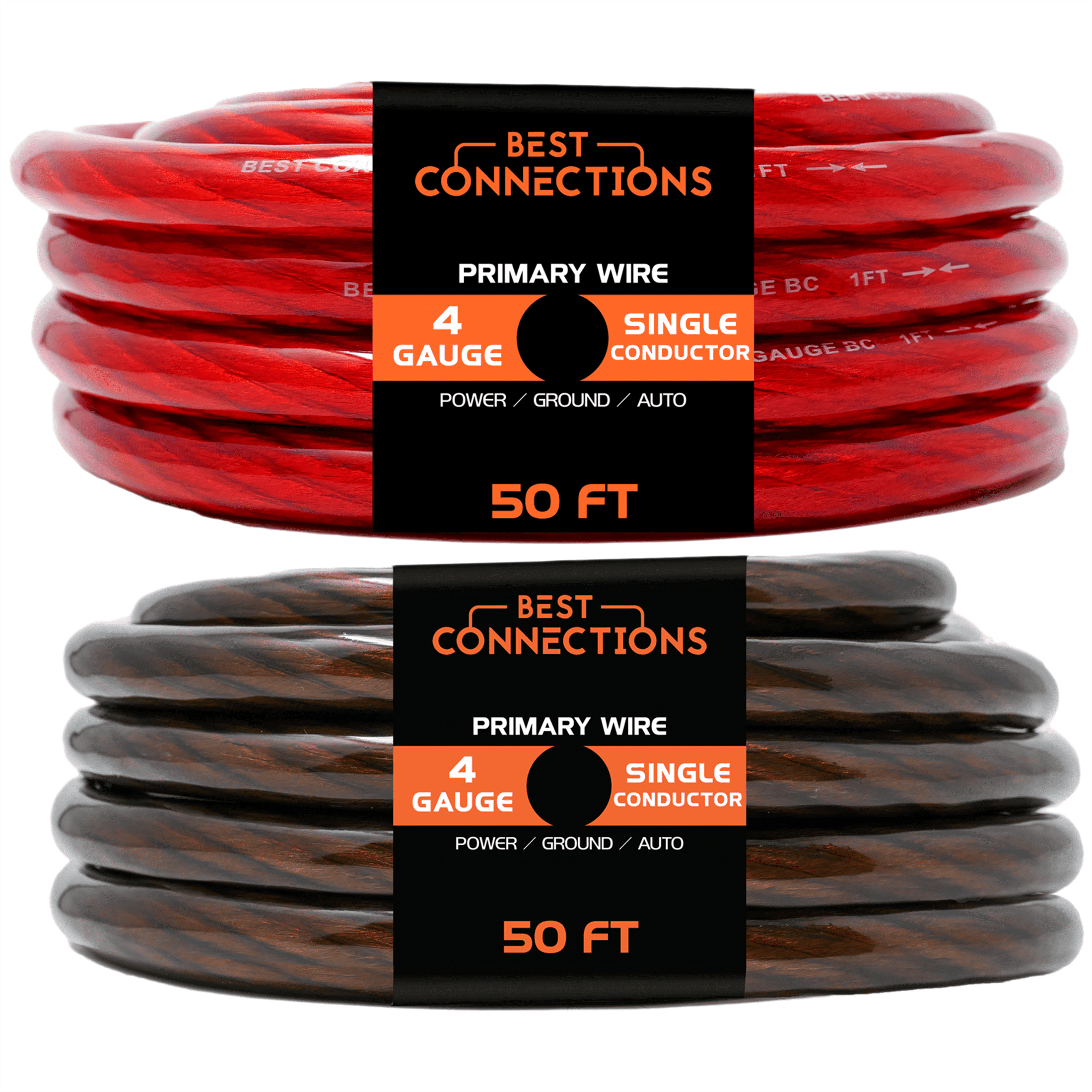 BEST CONNECTIONS 4 Gauge 50ft each, Black/Red Translucent Power/Ground Wire 100ft Pro