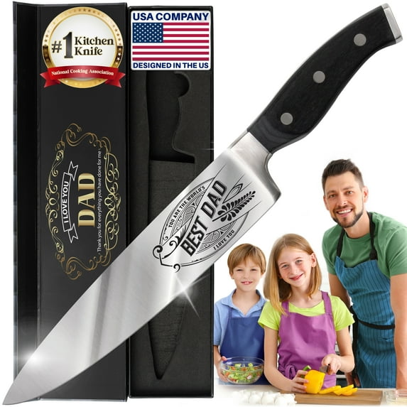 BEST DAD Engraved Kitchen Knife Gift, Father Birthday or Anniversary Present, Premium 8"
