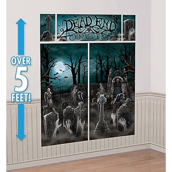 BEST- Dead End Cemetery Scene Setter Halloween Party Wall Backdrop Graves Trees Bat 5'