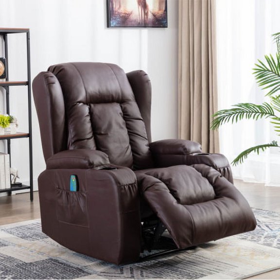BEST GIFT!PU Recliner Chair Single Sofa, Eight Point Massager Function and Heated Adjustable Home Theater Single Recliner Suitable for the Elderly Vibration Massage Manual Remote Control Brown
