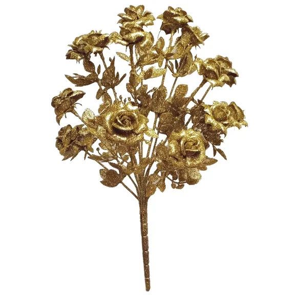 BEST- Gold Glittered 14-Plastic Tea Roses 18" Bush Flower Home Holiday All Decor Craft