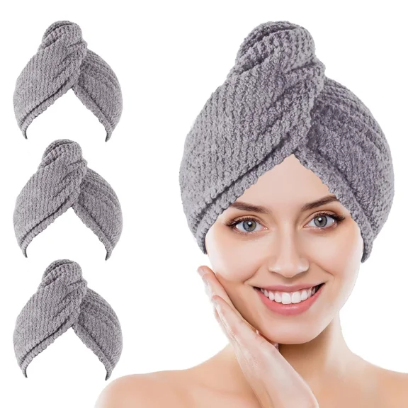 BEST- Kldnkig Microfiber Hair Towel Wrap 3 Pack Gray Soft Hair Drying Towelshower C...