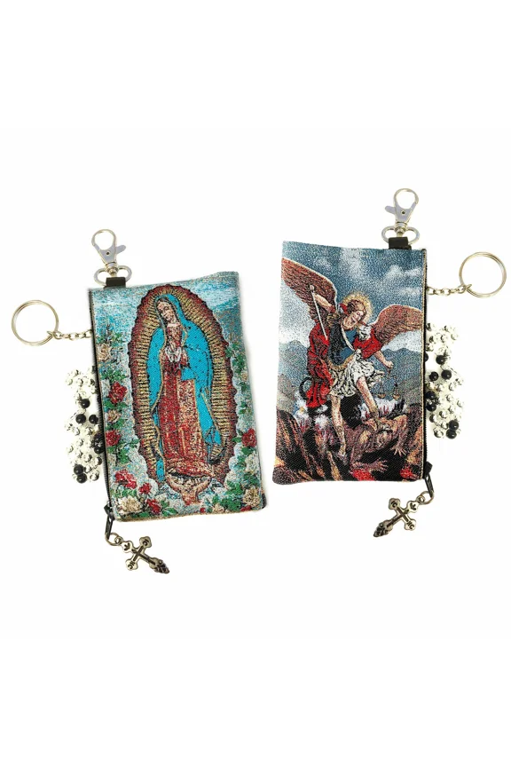 BEST- Lady Of Guadalupe & Saint Michael Reversible Cloth Rosary Key Chain Coin Holder
