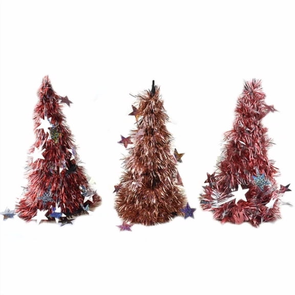 BEST- Laser Cut Star Tinsel Table Top Trees, Rose Gold/Red, 10-Inch, 3-Piece