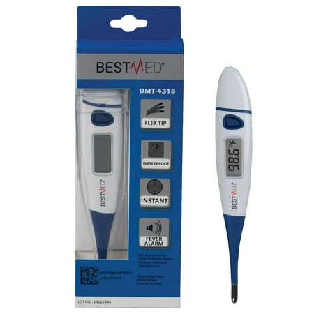 BEST MED Thermometer | 60-Second Readout | Fever Alert + Memory Recall | Flexible Tip | Hygienic Water-Resistant Easy Cleaning | Storage Case Included