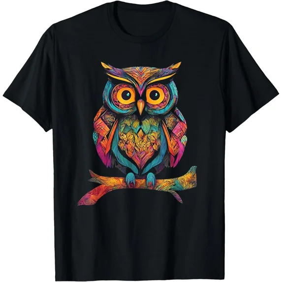 BEST NEW! Owl Perched On A Tree Branch Colorful Pattern Lover Cotton Tee S-3XL