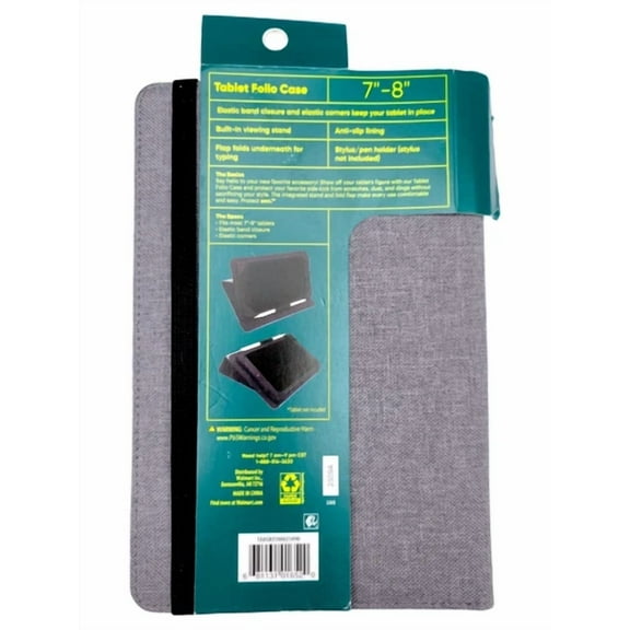 BEST- Onn Tablet Folio Case Polyester Fits 7-8 Inch Tablets | Stylus Pen Holder | Grey
