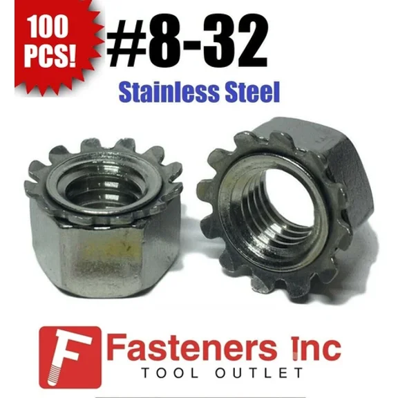 BEST- (Qty 100) #8-32 Kep Hex Star Lock Nuts Stainless Steel 18-8 / 304