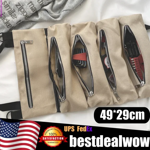 BEST- Roll Up Tool Organizer Wrench Storage Pouch 5 Pockets Mechanics Wrap Bag Brown
