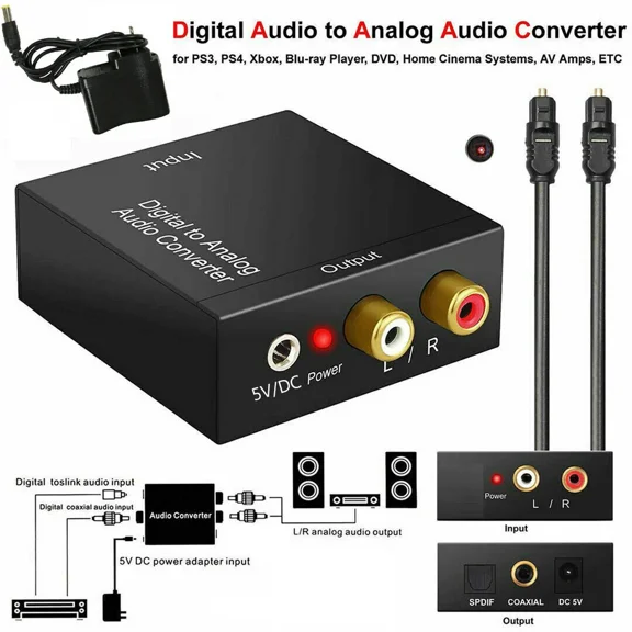 BEST- Spdif Toslink Digital To Analog Rca Converter Stereo Audio W/Power/Fiber Cable