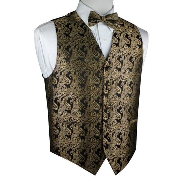 BEST TUXEDO Men's Formal, Prom, Wedding, Homecoming, Tuxedo Vest, Bow-Tie & Hankie Set in Black/Gold Paisley - 2XL