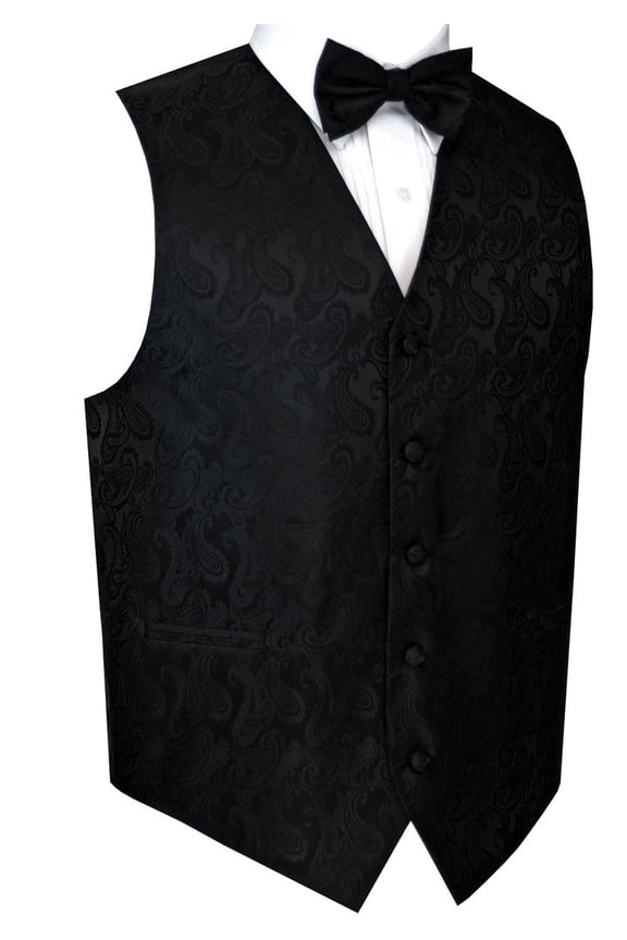 Men's Formal, Prom, Wedding, Homecoming, Tuxedo Vest, Bow-Tie & Hankie Set in Black Paisley - 3XL