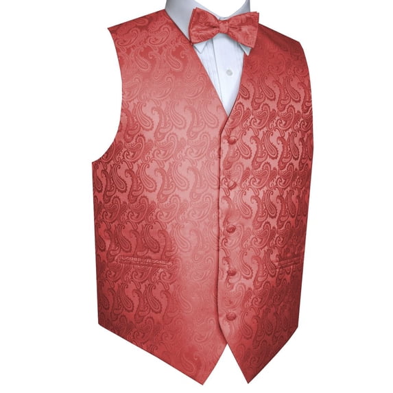BEST TUXEDO Men's Formal, Prom, Wedding, Homecoming, Tuxedo Vest, Bow-Tie & Hankie Set in Coral Paisley - L