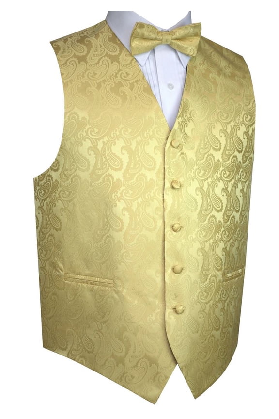 Men's Formal, Prom, Wedding, Homecoming, Tuxedo Vest, Bow-Tie & Hankie Set in Gold Paisley - M