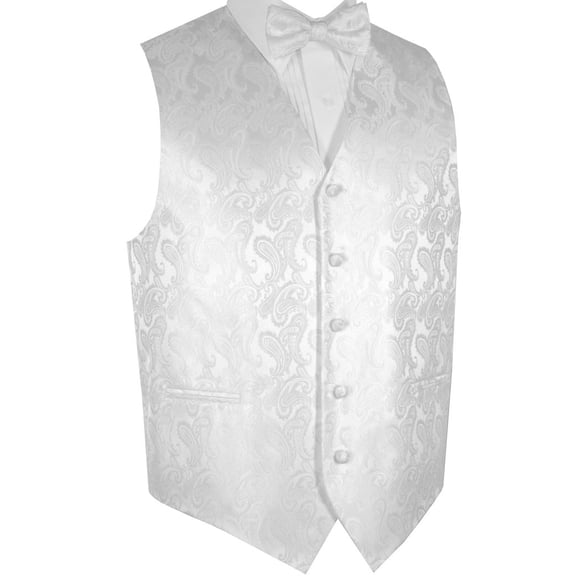 BEST TUXEDO Men's Formal, Prom, Wedding, Homecoming, Tuxedo Vest, Bow-Tie & Hankie Set in White Paisley - L