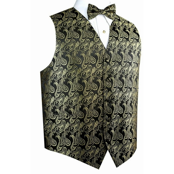 BEST TUXEDO Men's Formal, Prom, Wedding, Homecoming, Tuxedo Vest, Bow-Tie & Pocket Square Set in Black/Gold Paisley - 4XL