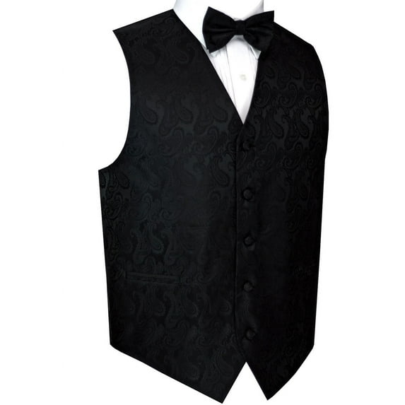 BEST TUXEDO Men's Formal, Prom, Wedding, Homecoming, Tuxedo Vest, Bow-Tie & Pocket Square Set in Black Paisley - 2XL