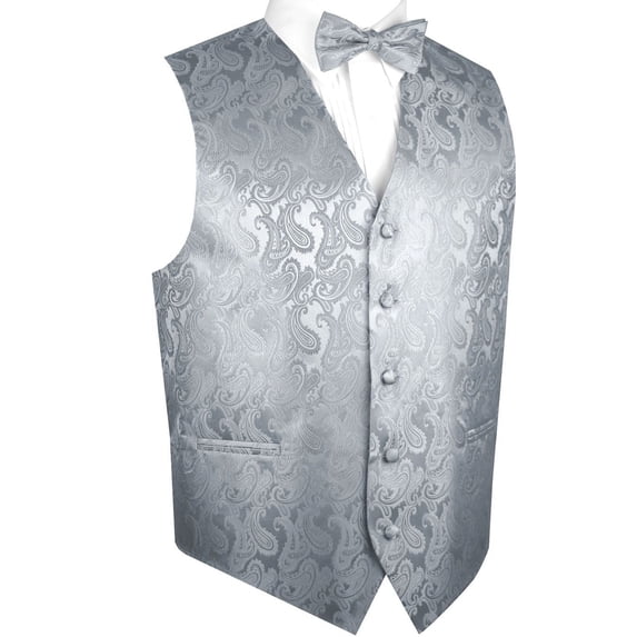 BEST TUXEDO Men's Formal, Prom, Wedding, Homecoming, Tuxedo Vest, Bow-Tie & Pocket Square Set in Silver Paisley - S