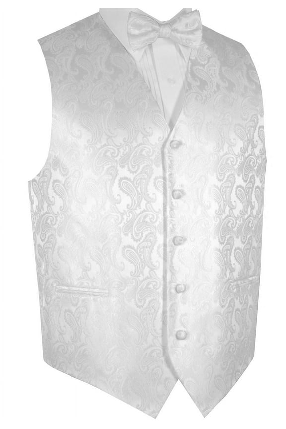 Men's Formal, Prom, Wedding, Homecoming, Tuxedo Vest, Bow-Tie & Pocket Square Set in White Paisley - XS