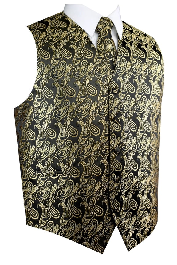 Men's Formal, Prom, Wedding, Homecoming, Tuxedo Vest, Tie & Hankie Set in Black/Gold Paisley - 4XL