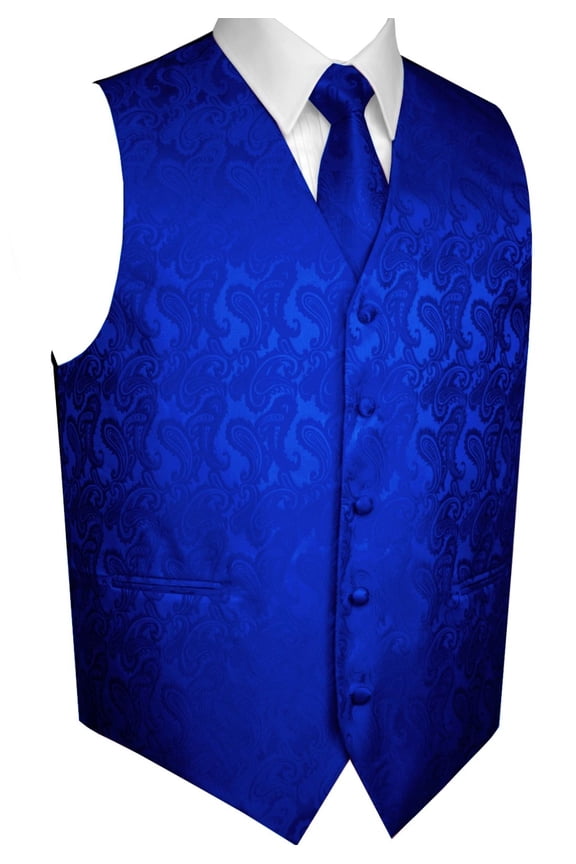 Men's Formal Jacquard Vest, Tie, and Hankie Set - Blue Paisley, Medium