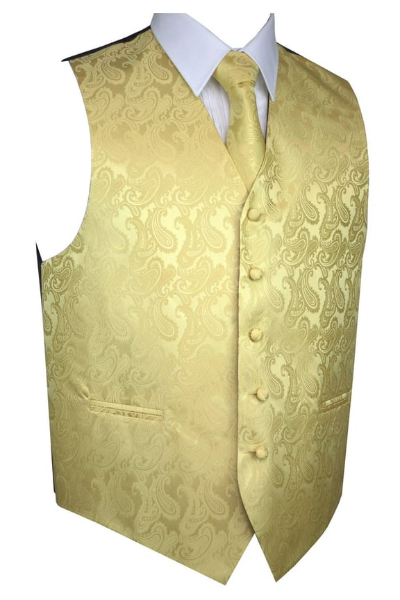 Men's Formal, Prom, Wedding, Homecoming, Tuxedo Vest, Tie & Hankie Set in Gold Paisley - 5XL