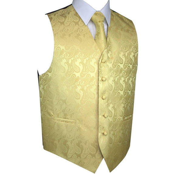 BEST TUXEDO Men's Formal, Prom, Wedding, Homecoming, Tuxedo Vest, Tie & Hankie Set in Gold Paisley - 5XL