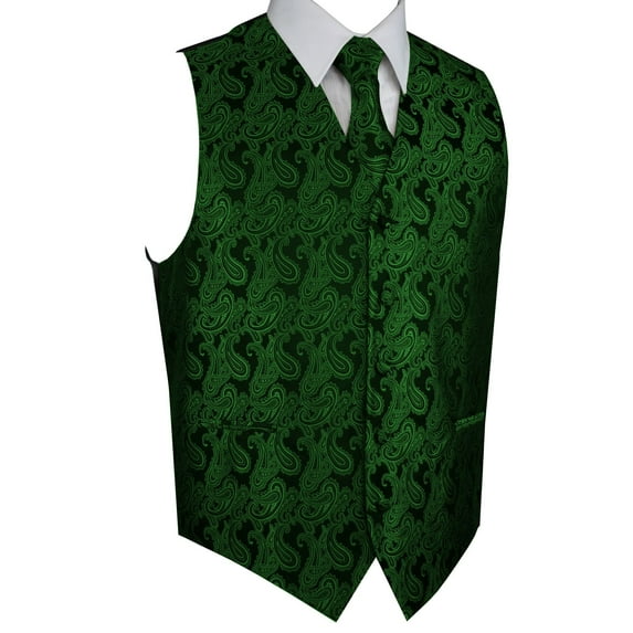 BEST TUXEDO Men's Formal, Prom, Wedding, Homecoming, Tuxedo Vest, Tie & Hankie Set in Green Paisley - XS