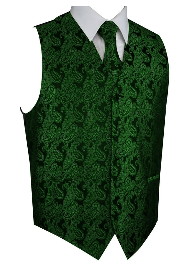 Men's Formal, Prom, Wedding, Homecoming, Tuxedo Vest, Tie & Hankie Set in Green Paisley - XS