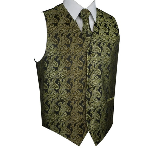 BEST TUXEDO Men's Formal, Prom, Wedding, Homecoming, Tuxedo Vest, Tie & Hankie Set in Olive Paisley - L