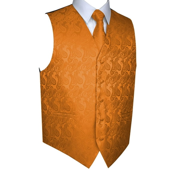 BEST TUXEDO Men's Formal, Prom, Wedding, Homecoming, Tuxedo Vest, Tie & Hankie Set in Orange Paisley - 2XL