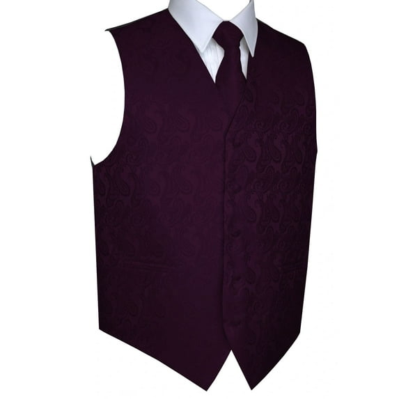 BEST TUXEDO Men's Formal, Prom, Wedding, Homecoming, Tuxedo Vest, Tie & Hankie Set in Plum Paisley - XL