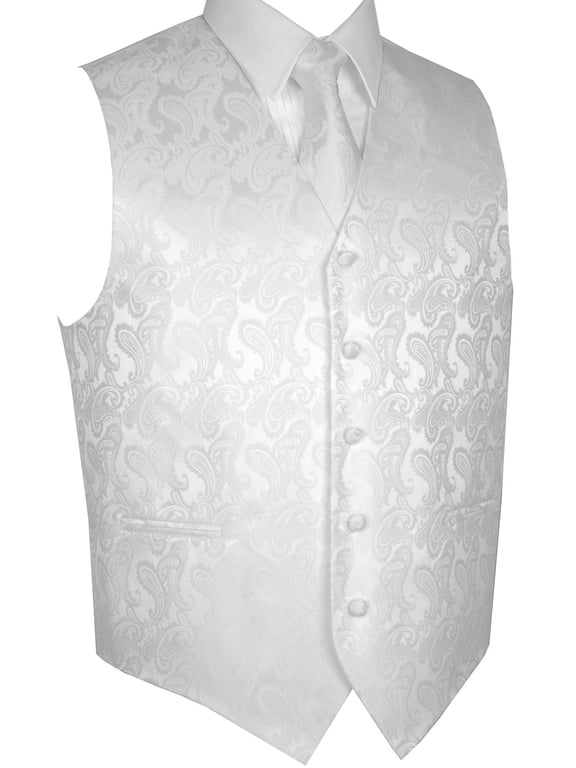 Men's Formal, Prom, Wedding, Homecoming, Tuxedo Vest, Tie & Hankie Set in White Paisley - 2XL