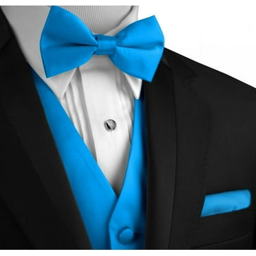 "BEST TUXEDO" Men's Formal, Wedding, Prom, Homecoming, Tuxedo Vest, Bow-Tie & Hankie Set in Blue