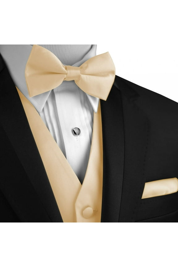"BEST TUXEDO" Men's Formal, Wedding, Prom, Homecoming, Tuxedo Vest, Bow-Tie & Hankie Set in Champagne - 2XL
