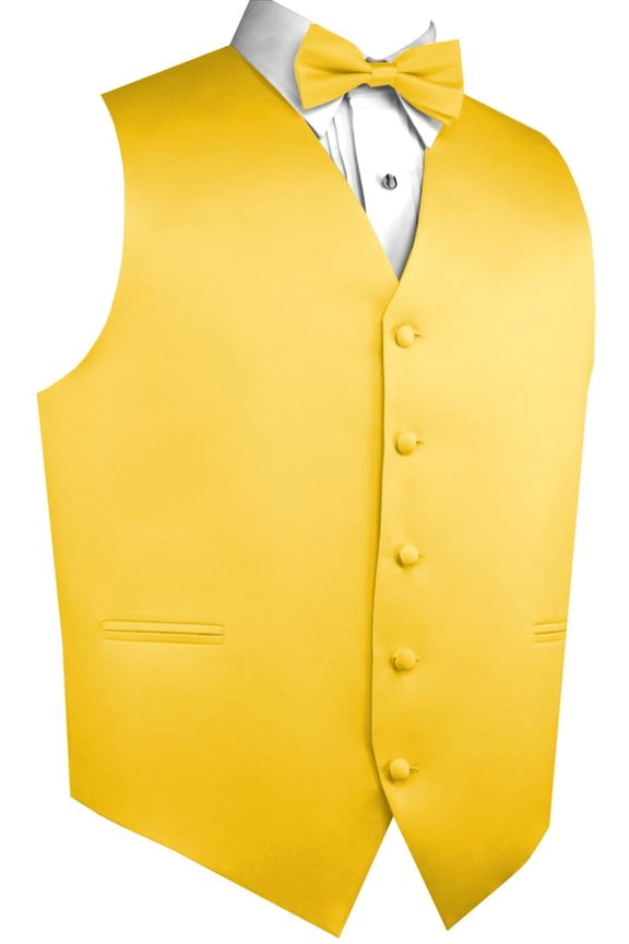 Men's Formal Tuxedo Vest, Bow-Tie & Hankie Set for Prom, Homecoming, Wedding, Cruise in Gold - M