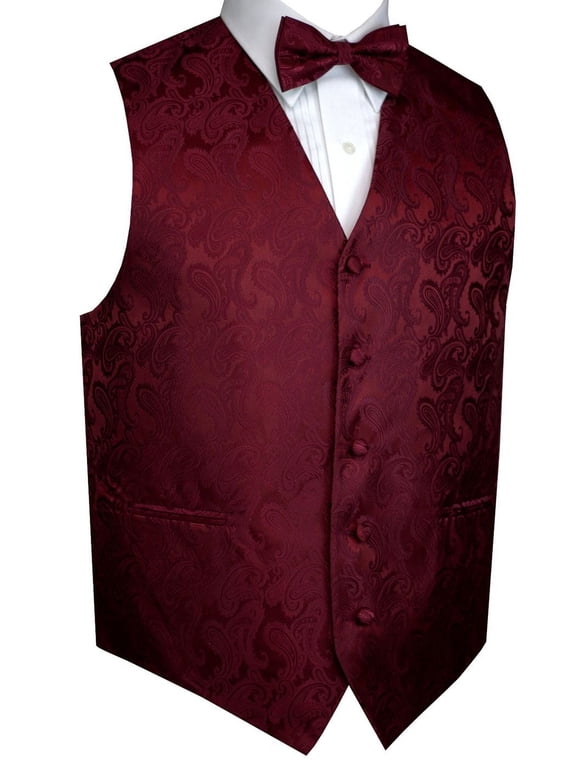 Men's Formal, Prom, Wedding, Homecoming, Tuxedo Vest, Bow-Tie & Pocket Square Set in Burgundy Paisley - XL