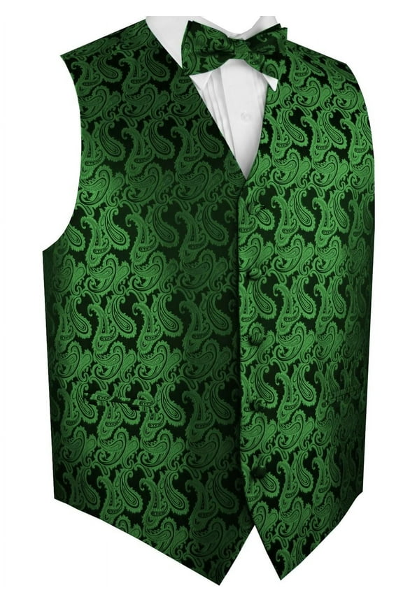Men's Formal, Prom, Wedding, Homecoming, Tuxedo Vest, Bow-Tie & Pocket Square Set in Green Paisley - 5XL