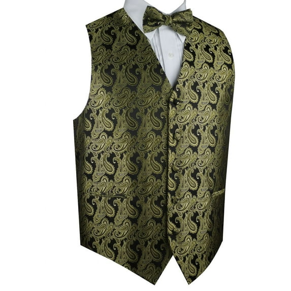 BEST TUXEDO Men's Formal, Prom, Wedding, Homecoming, Tuxedo Vest, Bow-Tie & Pocket Square Set in Olive Paisley - S