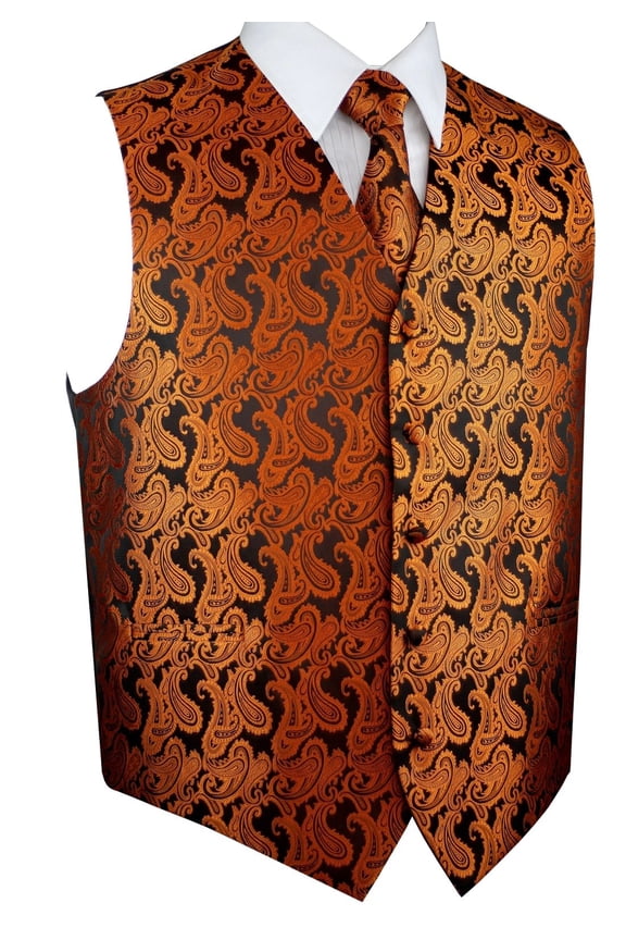 "BEST TUXEDO" Men's Formal, Wedding, Prom, Homecoming, Tuxedo Vest, Tie & Hankie Set - Burnt Orange Paisley