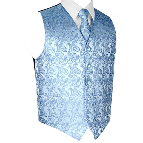 BEST TUXEDO Men's Formal, Prom, Wedding, Homecoming, Tuxedo Vest, Tie & Hankie Set in Cornflower Paisley - M
