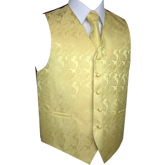 BEST TUXEDO Men's Formal, Prom, Wedding, Homecoming, Tuxedo Vest, Tie & Hankie Set in Gold Paisley - S