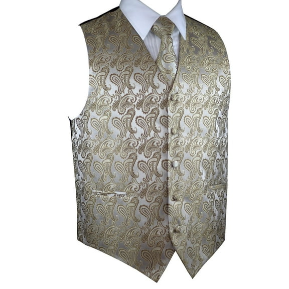 BEST TUXEDO Men's Formal, Prom, Wedding, Homecoming, Tuxedo Vest, Tie & Hankie Set in Latte Paisley - 4XL
