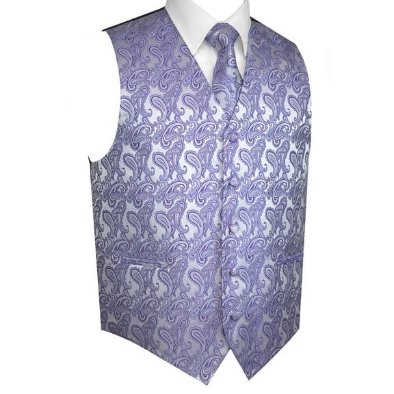 BEST TUXEDO Men's Formal, Prom, Wedding, Homecoming, Tuxedo Vest, Tie & Hankie Set in Lavender Paisley - 5XL