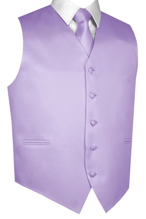 Men's Solid Satin Polyester Formal Vest with Tie and Hankie Set, Lavender