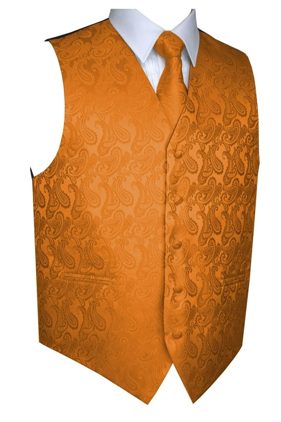 Men's Formal, Prom, Wedding, Homecoming, Tuxedo Vest, Tie & Hankie Set in Orange Paisley - M