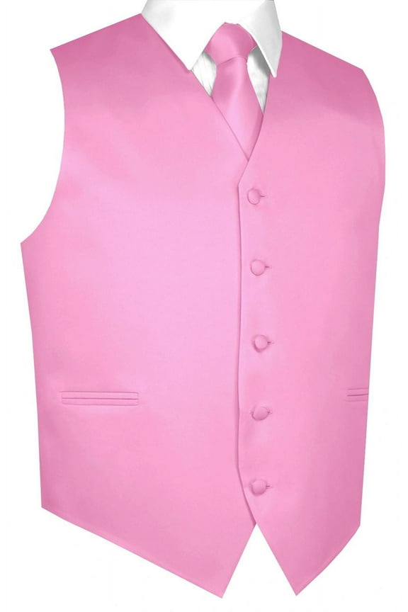 Men's Formal, Prom, Wedding, Homecoming, Tuxedo Vest, Tie & Hankie Set in Pink Solid Satin - 3XL